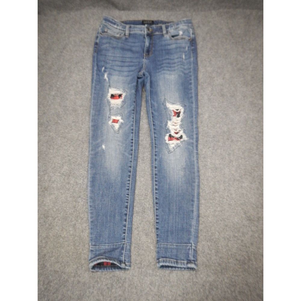 Judy Blue Skinny Fit Jeans Size 11/30 Lined Buffalo Plaid Blue Distressed Denim